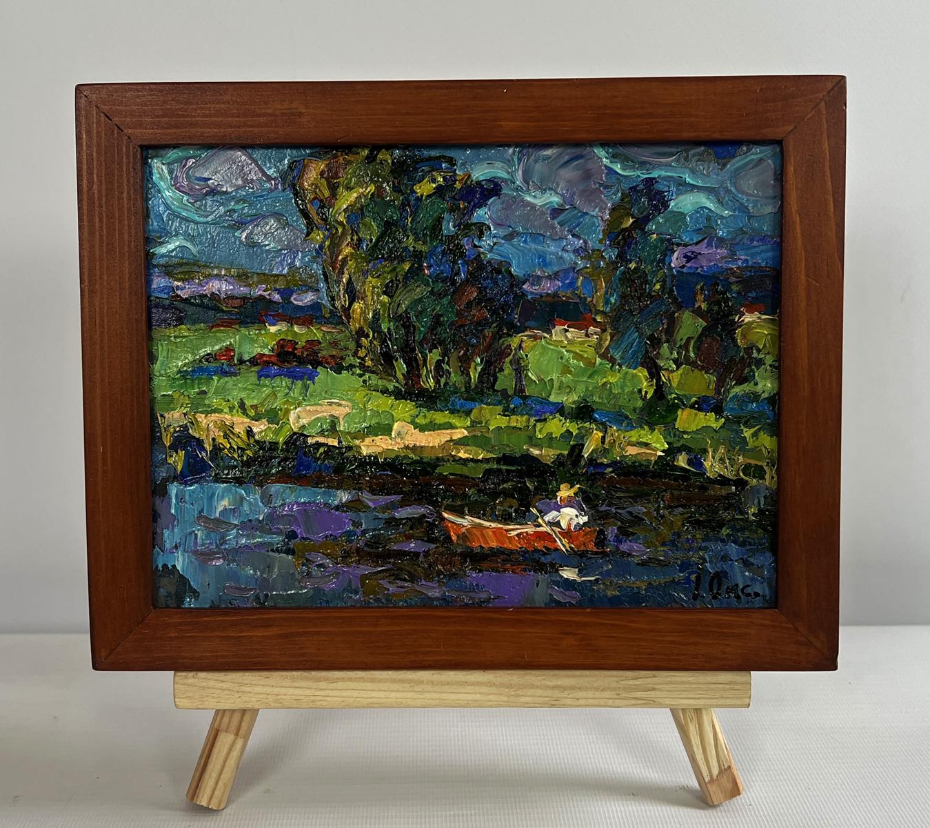 Oil painting Sunny day by the river by Oksana Ivanyuk in wooden frame