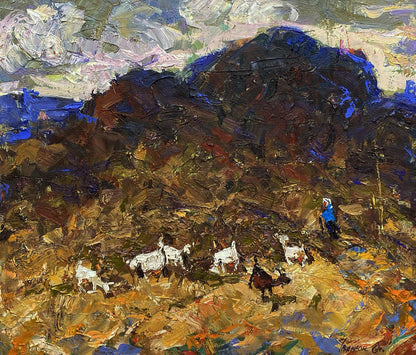 Oil painting In the foothills by Oleksiy Ivanyuk: mountain landscape with goats