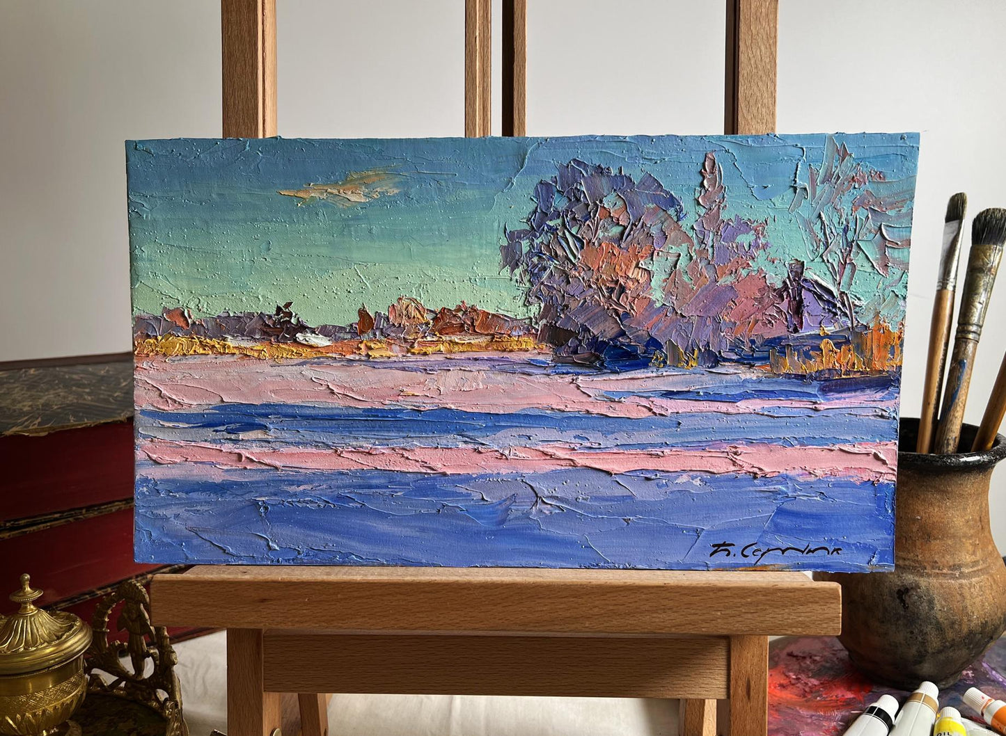 Oil painting Pink morning in winter by Boris Serdyuk, textured blue pink landscape