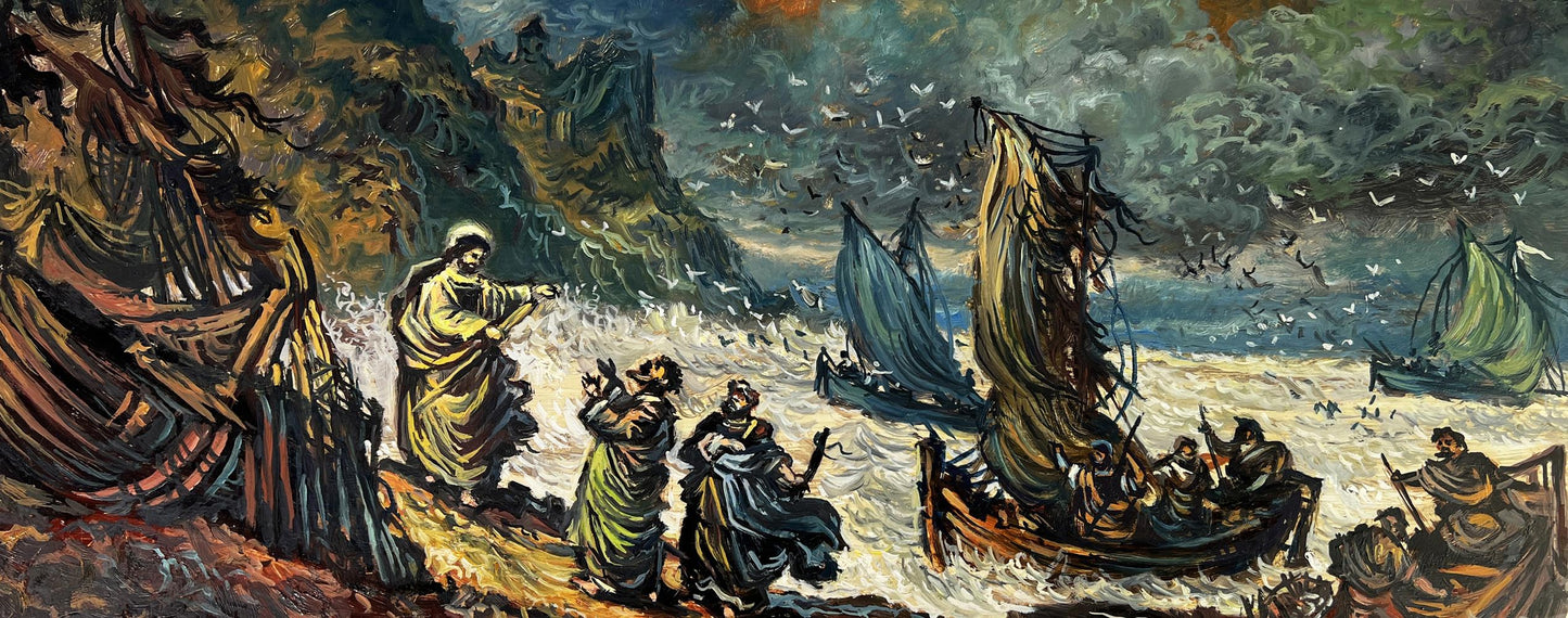 Dramatic oil painting of Jesus by the seashore in stormy sea by Alexander Litvinov