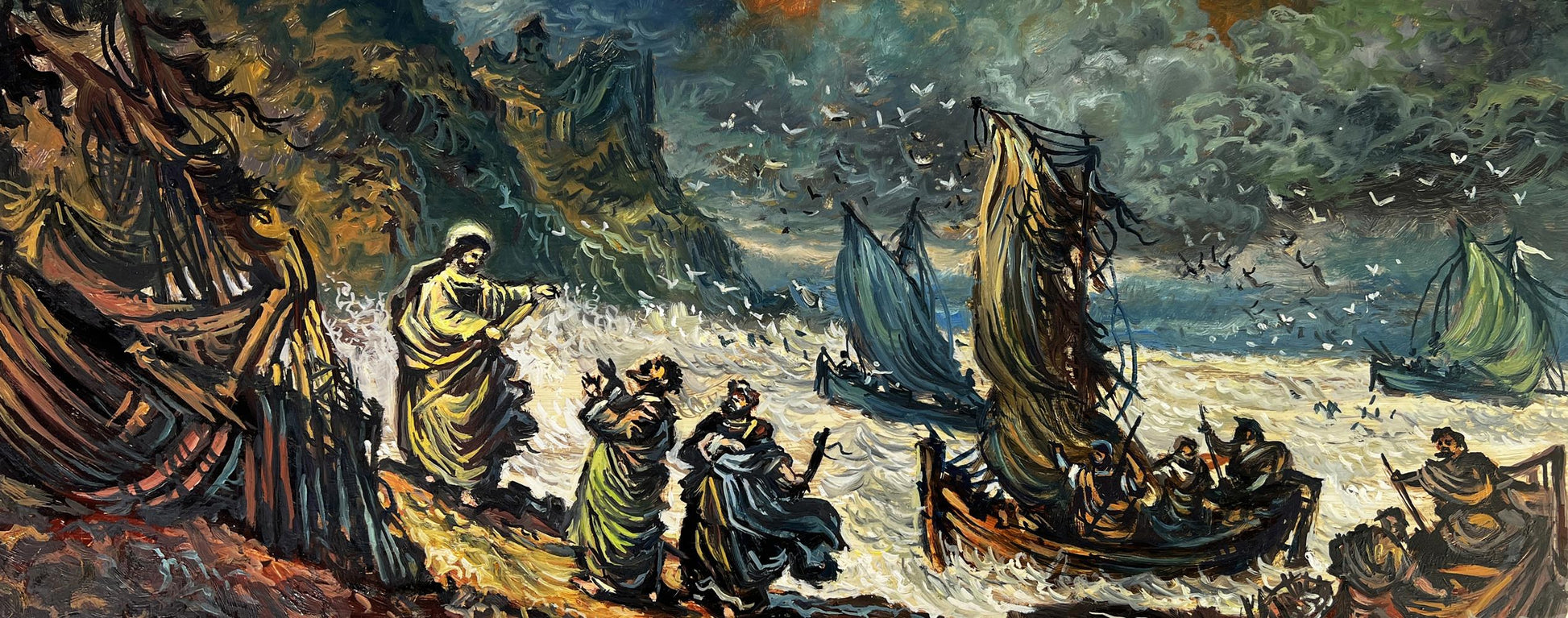 Dramatic oil painting of Jesus by the seashore in stormy sea by Alexander Litvinov