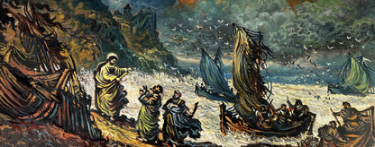 Dramatic oil painting of Jesus by the seashore in stormy sea by Alexander Litvinov