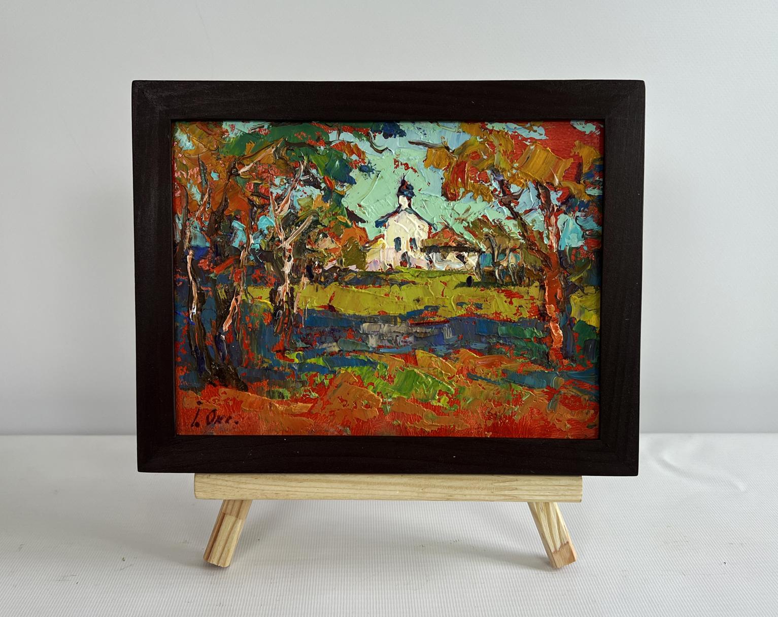 Vibrant oil painting of autumn church tower bell ringing by Oksana Ivanyuk