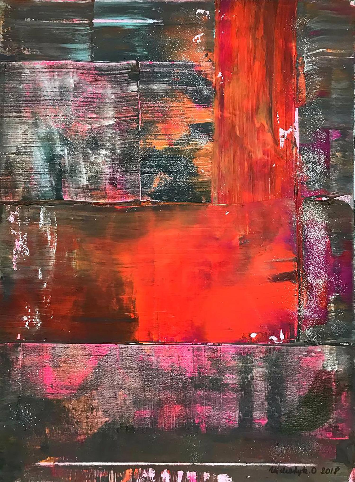 Abstract LOVE acrylic painting by Olga Melezhik with red black pink strokes
