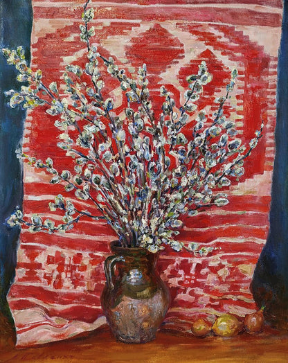 Oil painting Awakening of Spring by Leonid Pavlenko with willow branches jug
