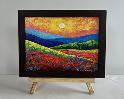 Oil painting Evening sunset in mountain valley by V. Zadorozhnya framed