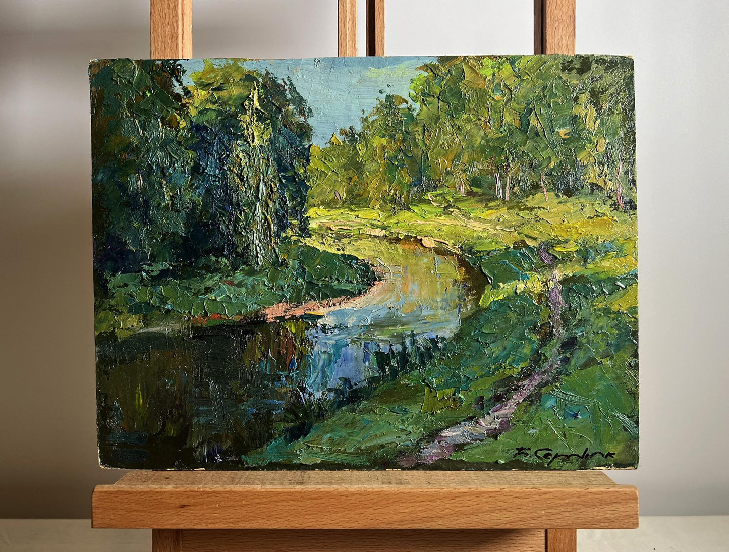 Oil painting Forest along the river by Boris Serdyuk vibrant impressionist scene