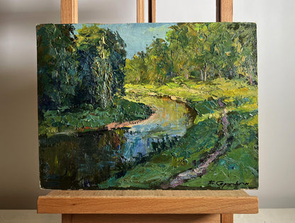 Oil painting Forest along the river by Boris Serdyuk vibrant impressionist scene