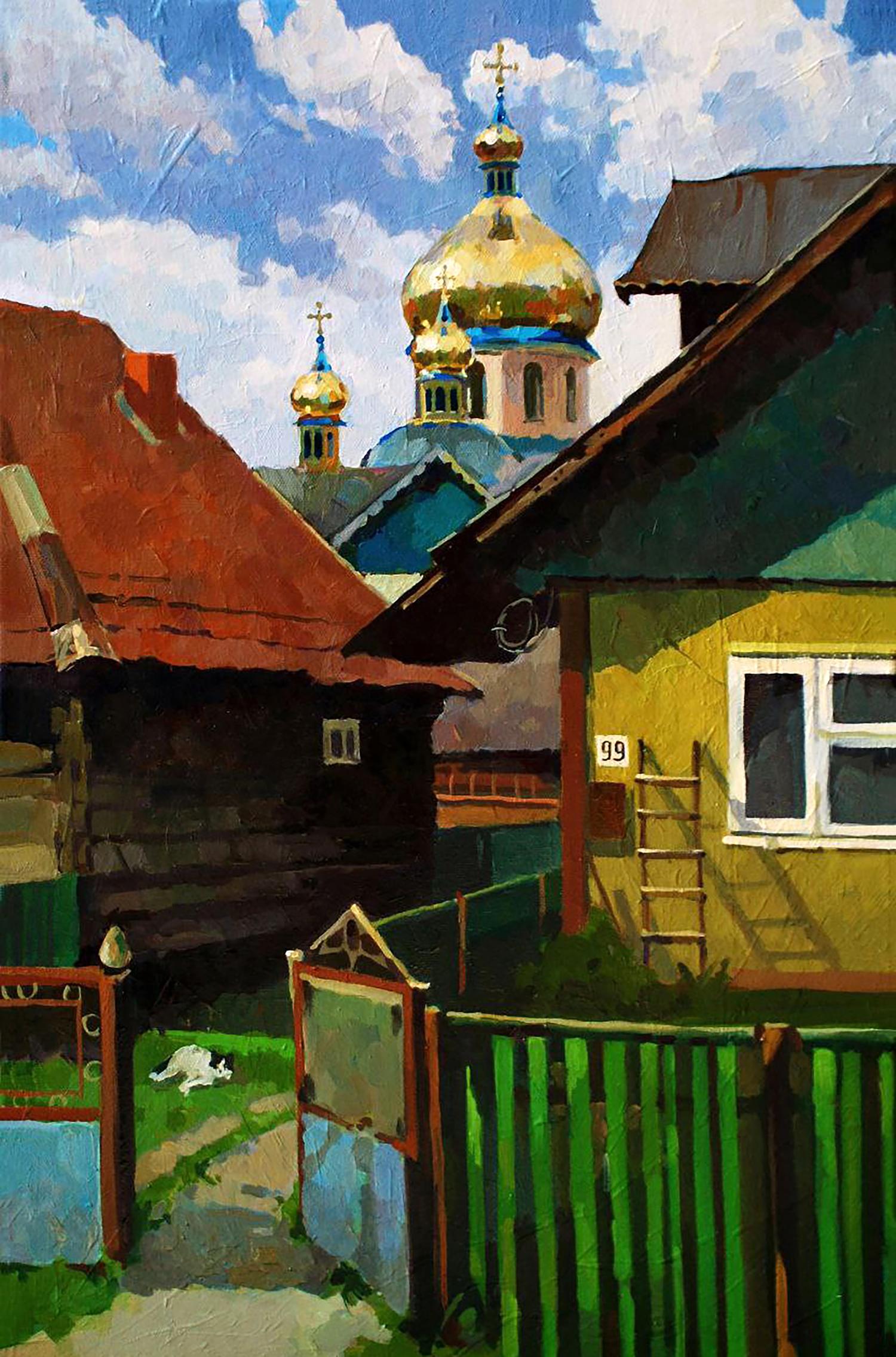 Oil painting of golden domed church over colorful houses by Anastasia Yaroshevich