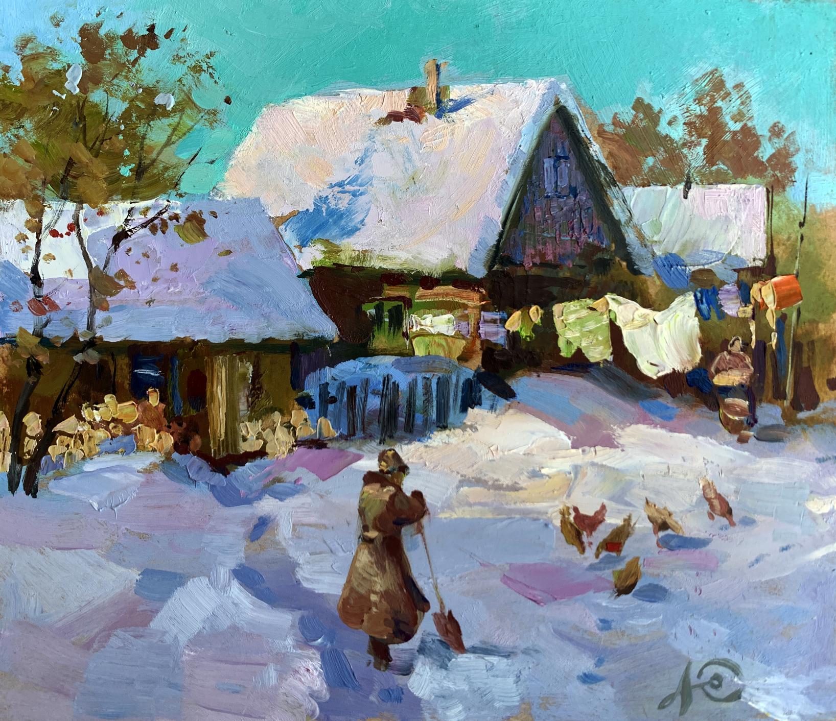 Snow-covered wooden house oil painting by Yuriy Suprunchuk