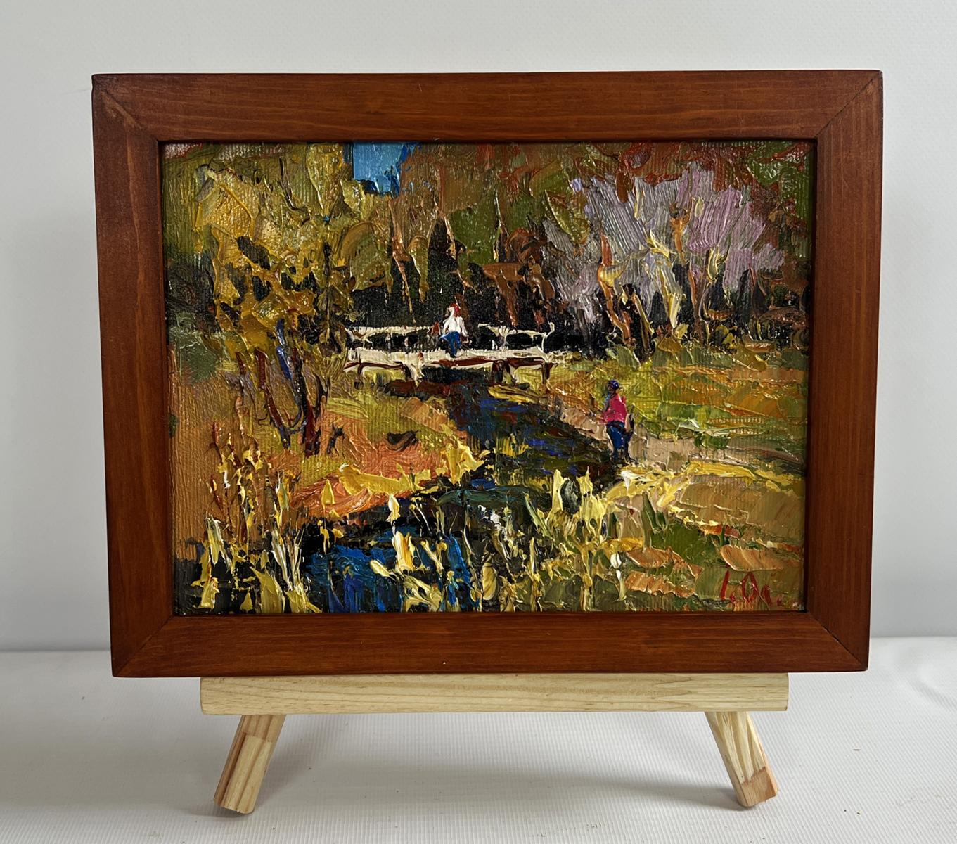 Oil painting Near a quiet river by Oleksiy Ivanyuk in wooden frame