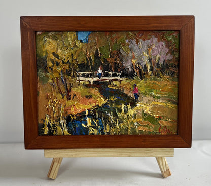 Oil painting Near a quiet river by Oleksiy Ivanyuk in wooden frame