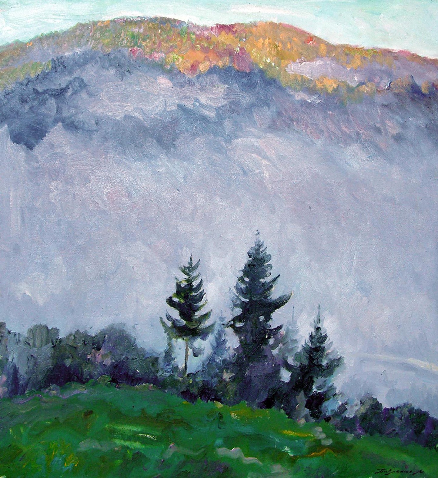 Oil painting Morning Fog by Leonid Pavlenko: misty mountains with textured brushstrokes