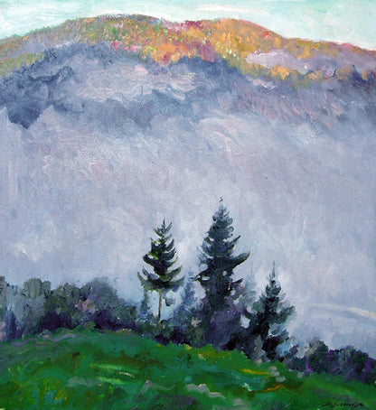 Oil painting Morning Fog by Leonid Pavlenko: misty mountains with textured brushstrokes