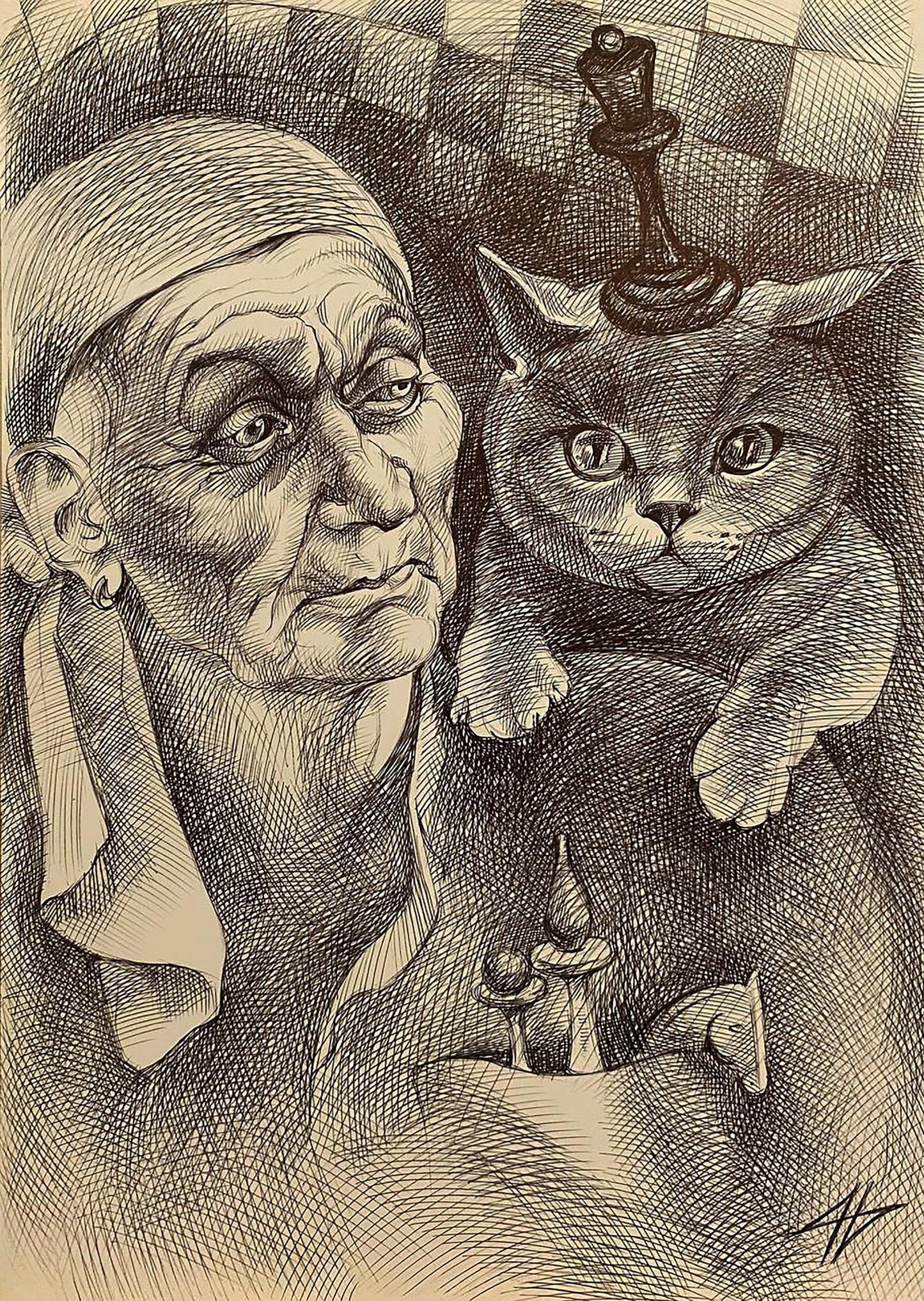 Detailed pencil sketch of elderly woman with gray cat in Pen painting style