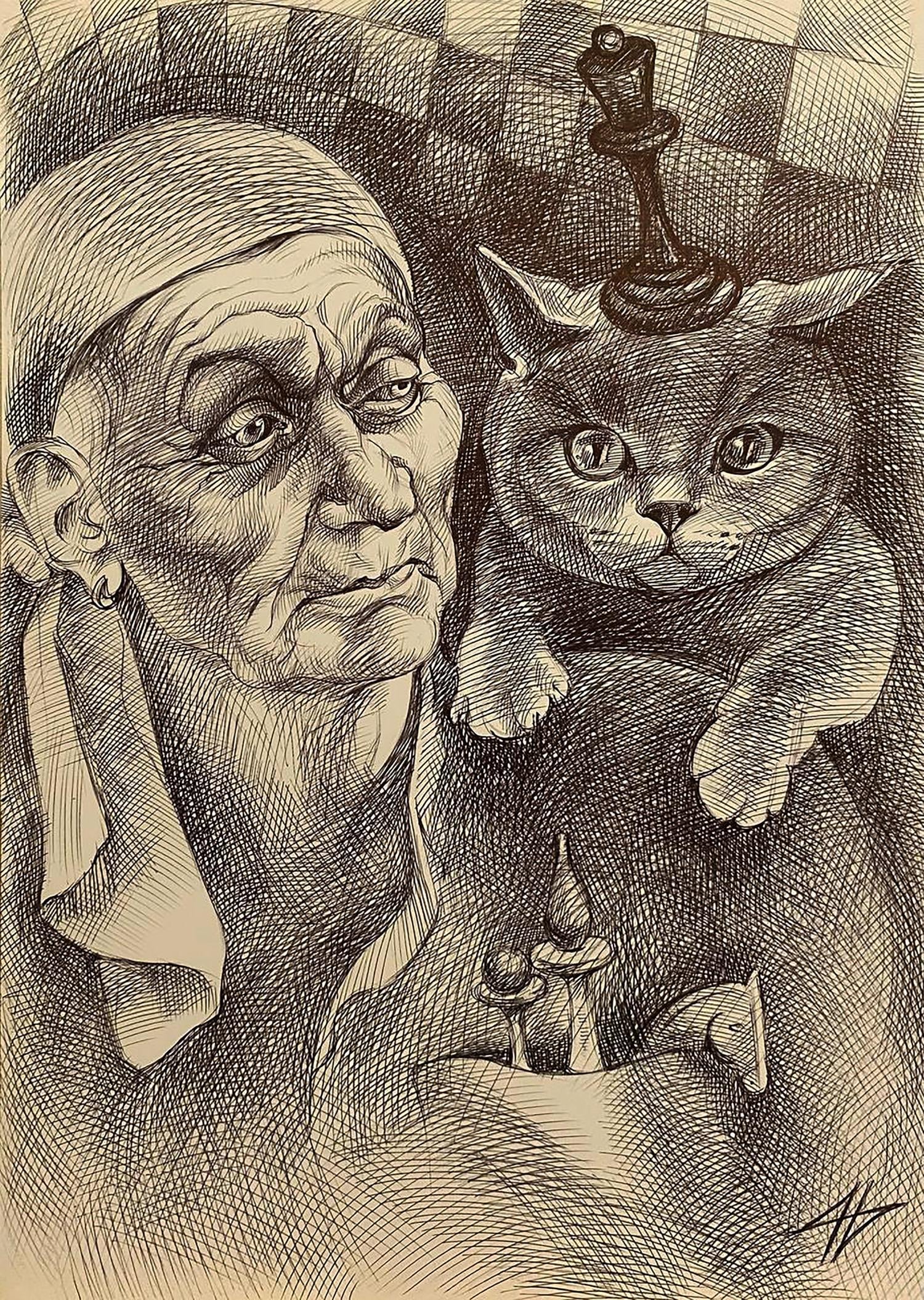 Detailed pencil sketch of elderly woman with gray cat in Pen painting style