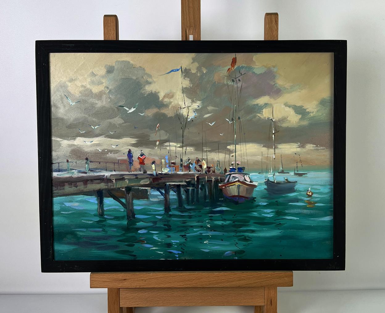 Framed oil painting Boats at the pier by Yuriy Suprunchuk harbor scene