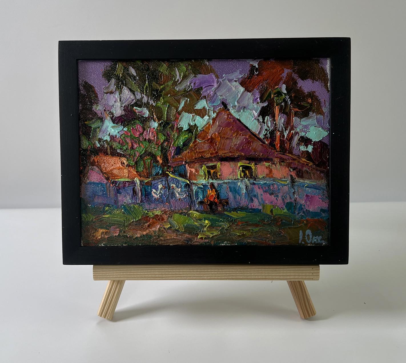 Oil painting Rural evening in the yard by Oksana Ivanyuk in black frame
