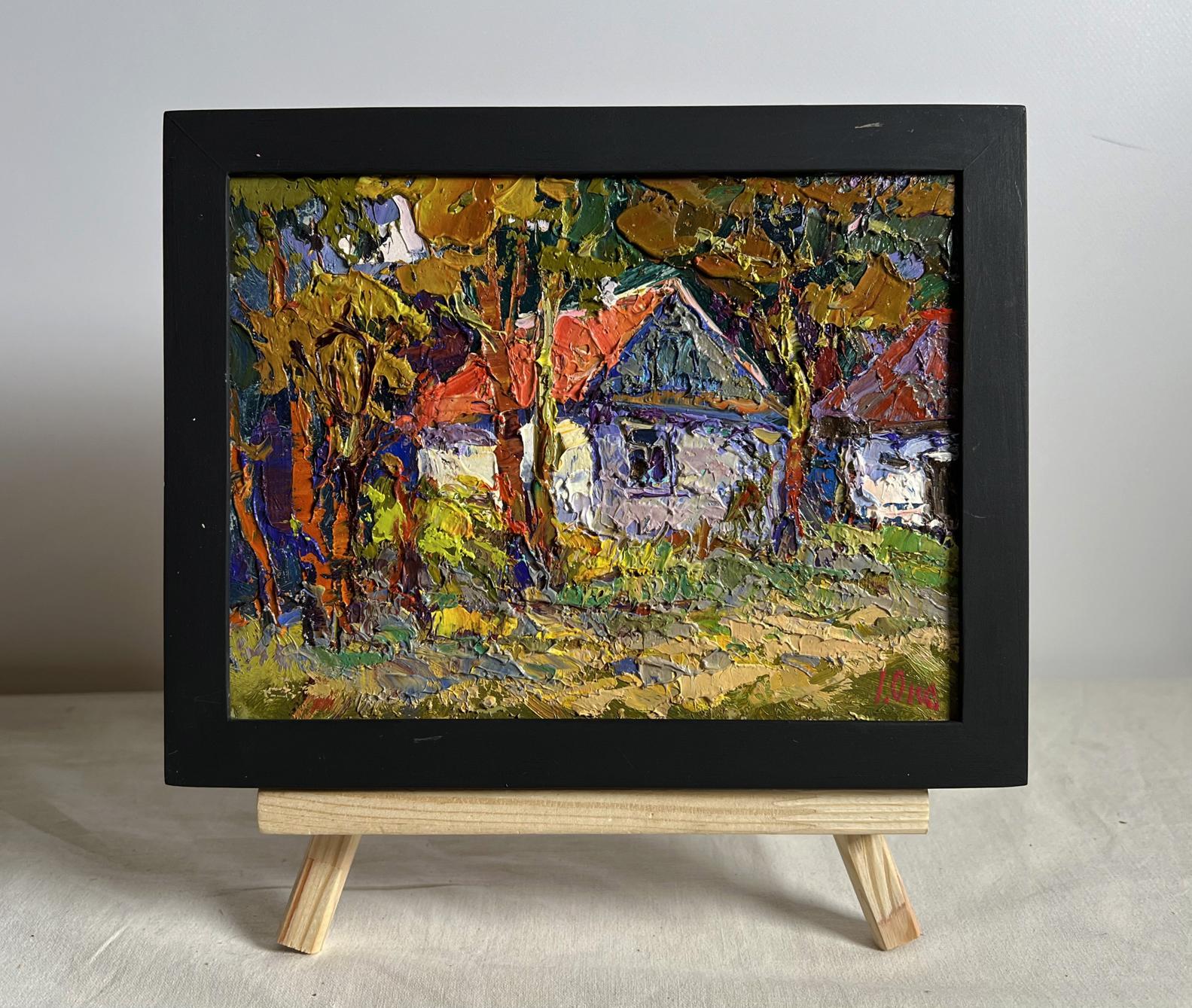 Oil painting A quiet corner in the village by Oksana Ivanyuk in black frame