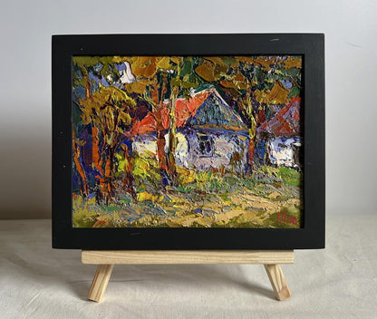 Oil painting A quiet corner in the village by Oksana Ivanyuk in black frame