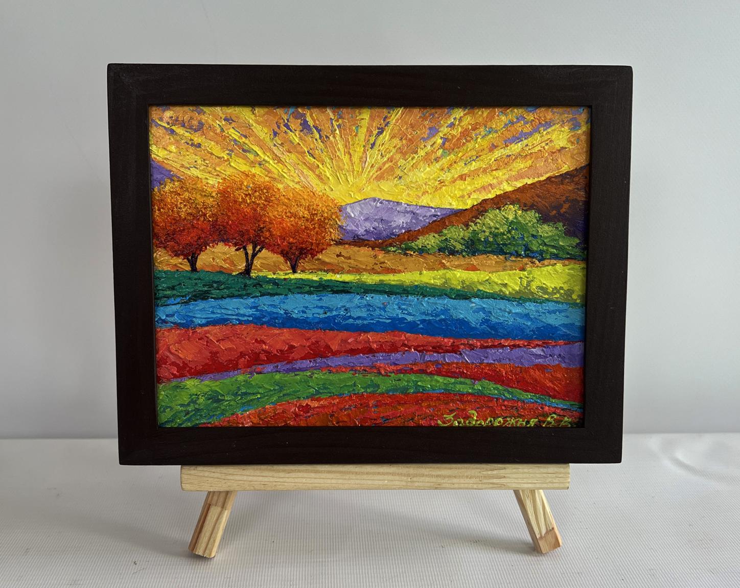 Vibrant oil painting Yellow rays of the sun by V. Zadorozhnya, sunlit autumn landscape in black frame