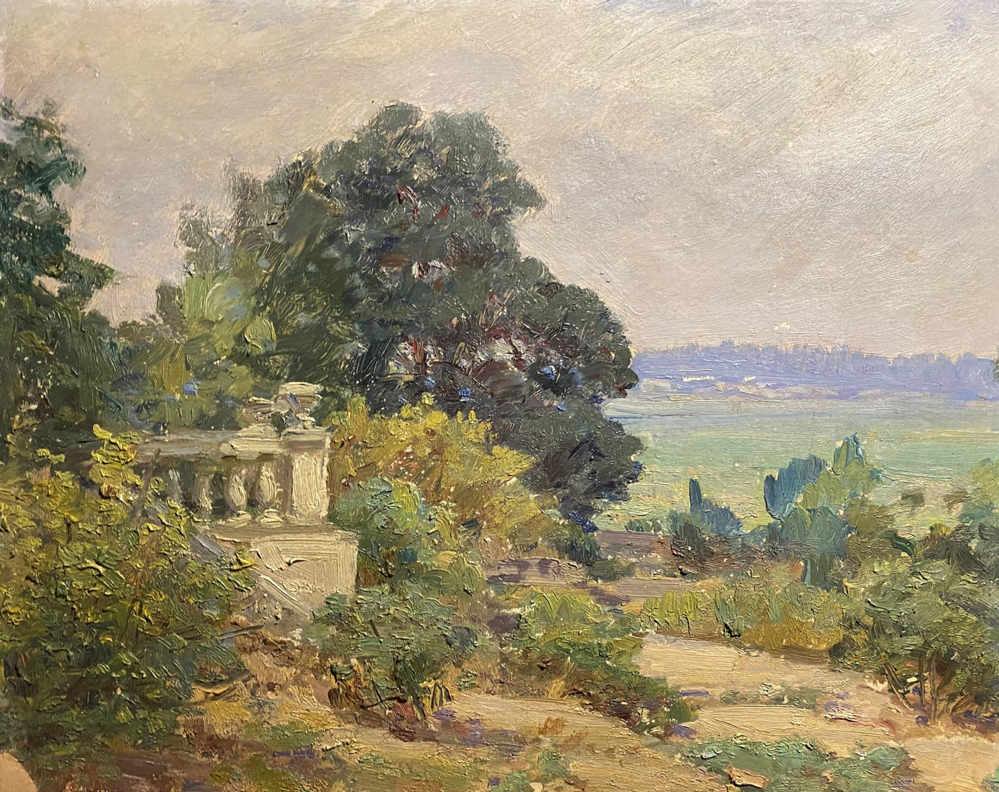 Oil painting of stone balustrade in Metropolitan Forest Reserve foliage