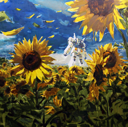 Oil painting South Ed Potapenkov: white orange Gundam in yellow sunflower field