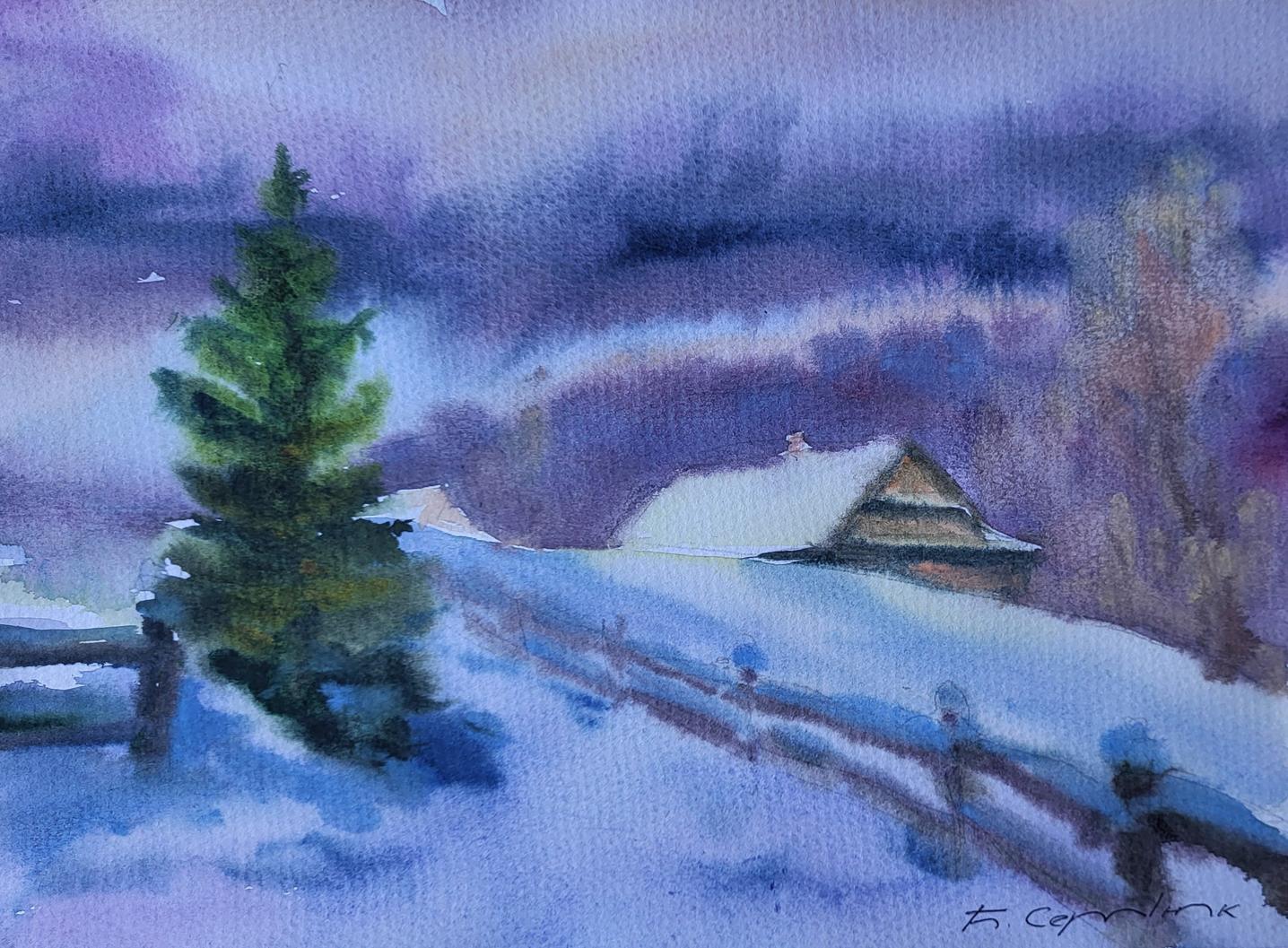 Watercolor painting Silence of a snowy day by Boris Serdyuk snowy landscape