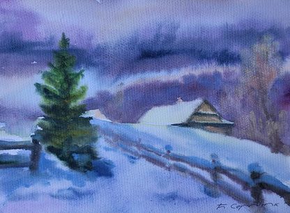 Watercolor painting Silence of a snowy day by Boris Serdyuk snowy landscape