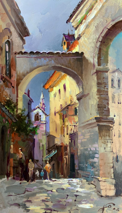 Warm-toned oil painting of sunlit cobblestone alley by Yuriy Suprunchuk