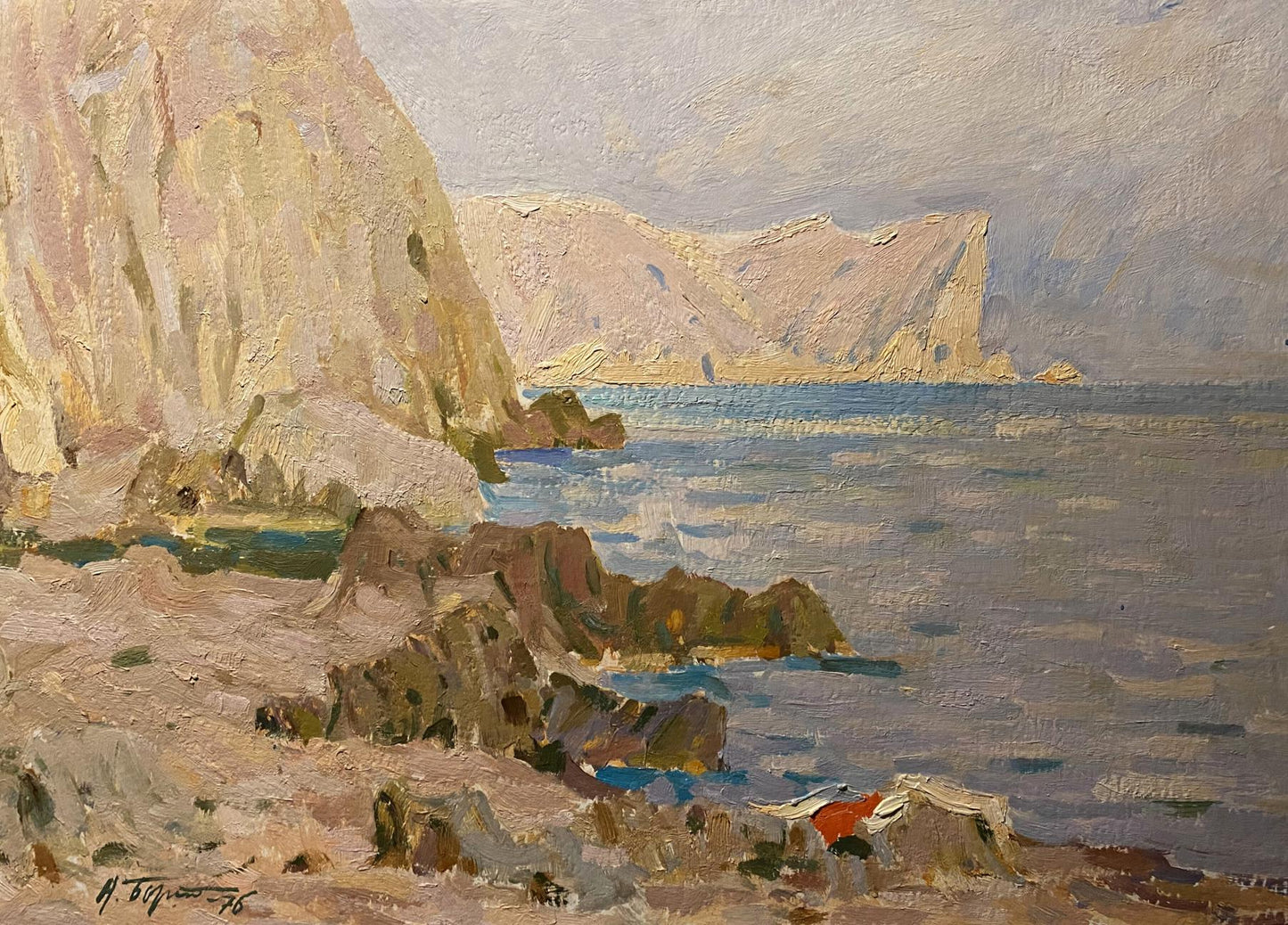 Oil painting Evening in Sudak by Nikolai Fedorovich Bortnikov, coastal cliffs