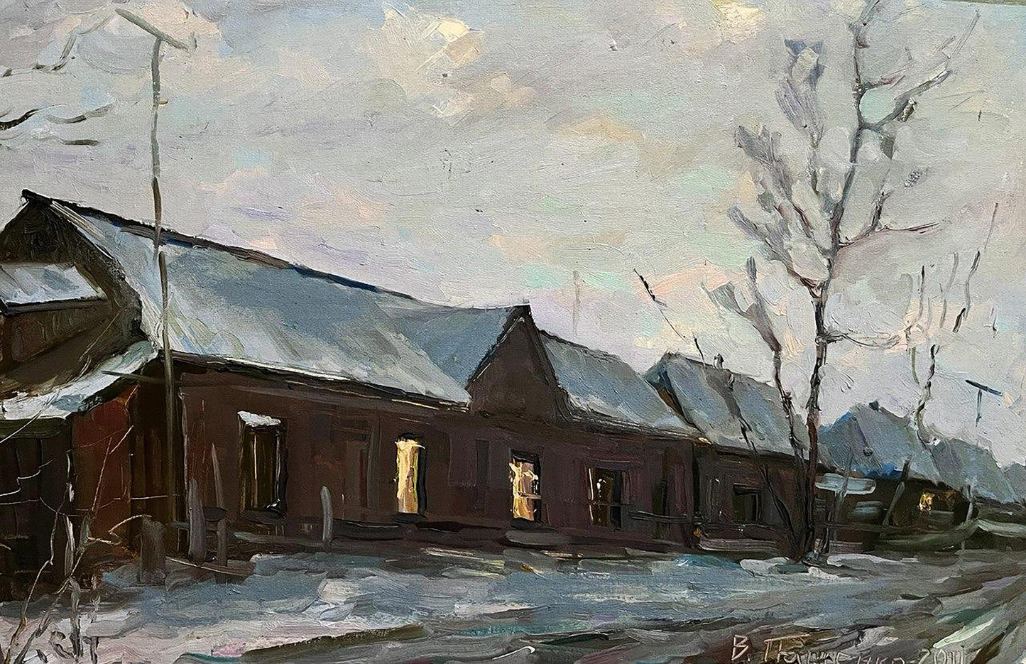 Oil painting Snowy street Volodymyr Pashchenko rustic snowy house