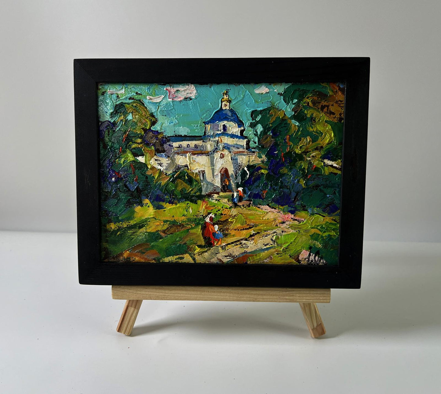 Vibrant impressionist oil painting Morning church by Oleksiy Ivanyuk in black frame