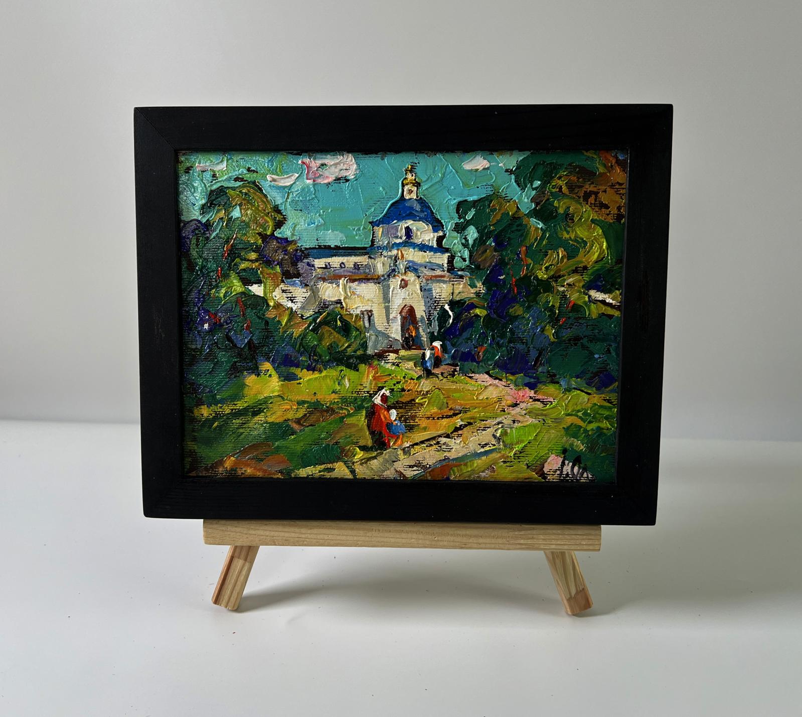 Vibrant impressionist oil painting Morning church by Oleksiy Ivanyuk in black frame