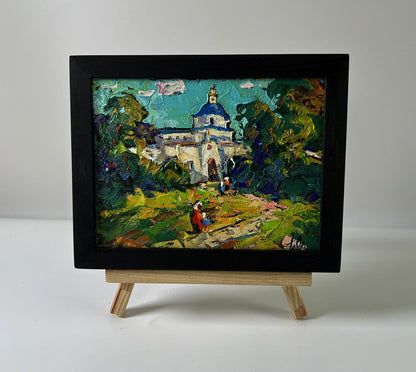 Vibrant impressionist oil painting Morning church by Oleksiy Ivanyuk in black frame