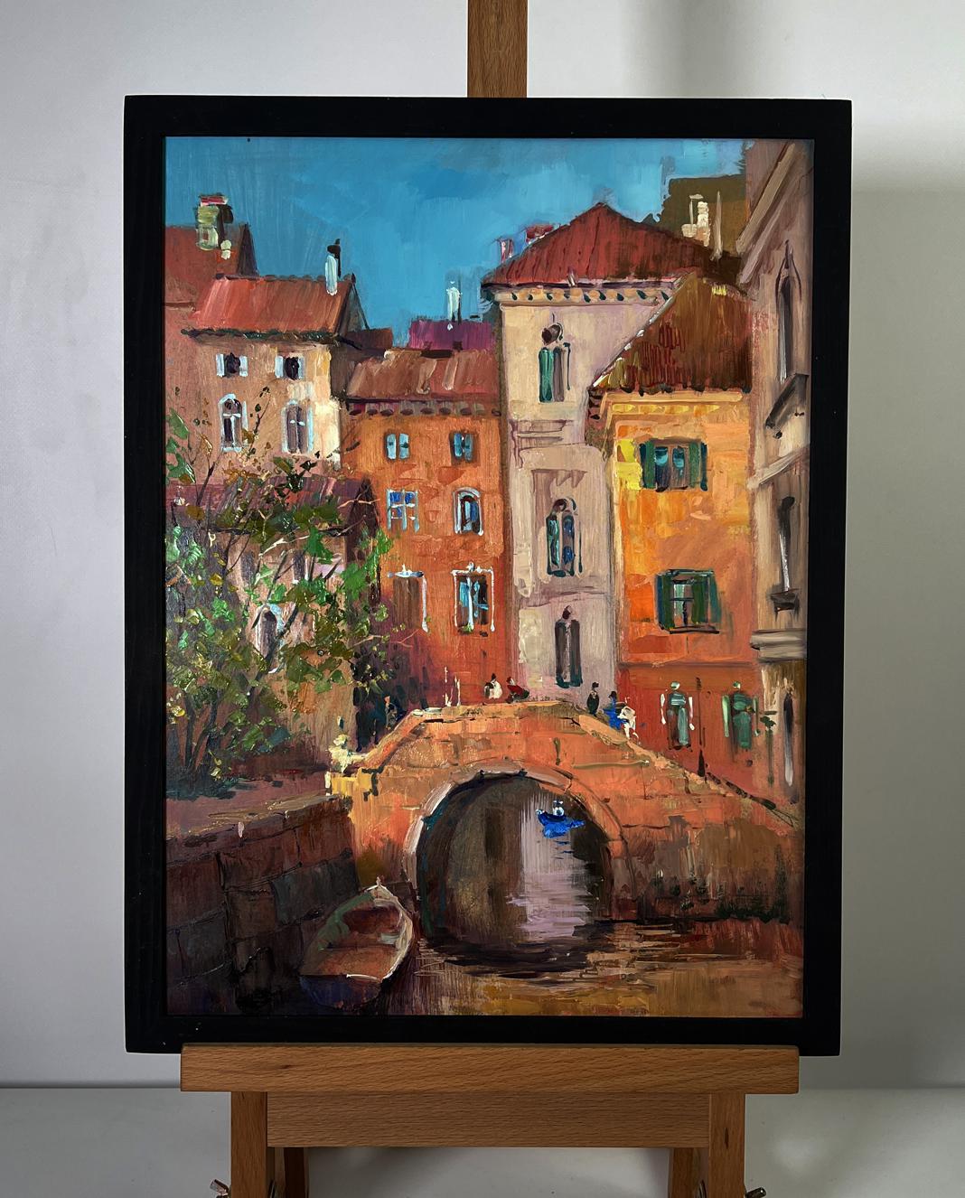 Oil painting City with a river by Yuriy Suprunchuk canal scene