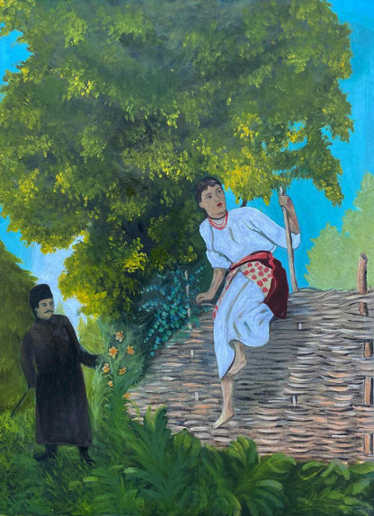 Oil painting Through the Crossing: woman climbing wicker fence in white attire