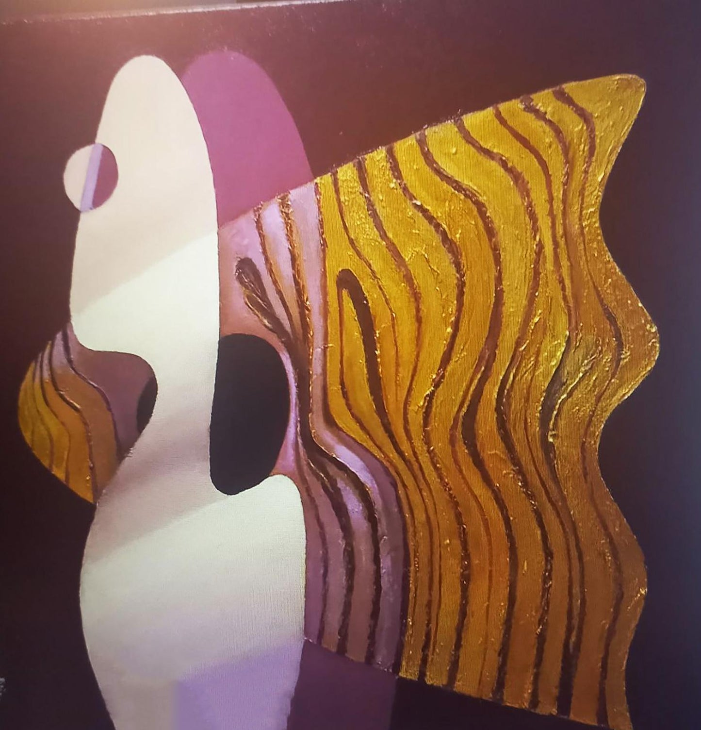 Oil painting Plastic Alexander Strashevich: stylized figure with golden brown wavy stripes on dark background