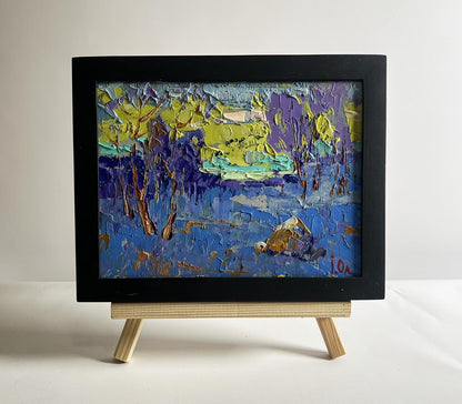 Oil painting Winter evening with sunset by Oleksiy Ivanyuk, vibrant forest scene