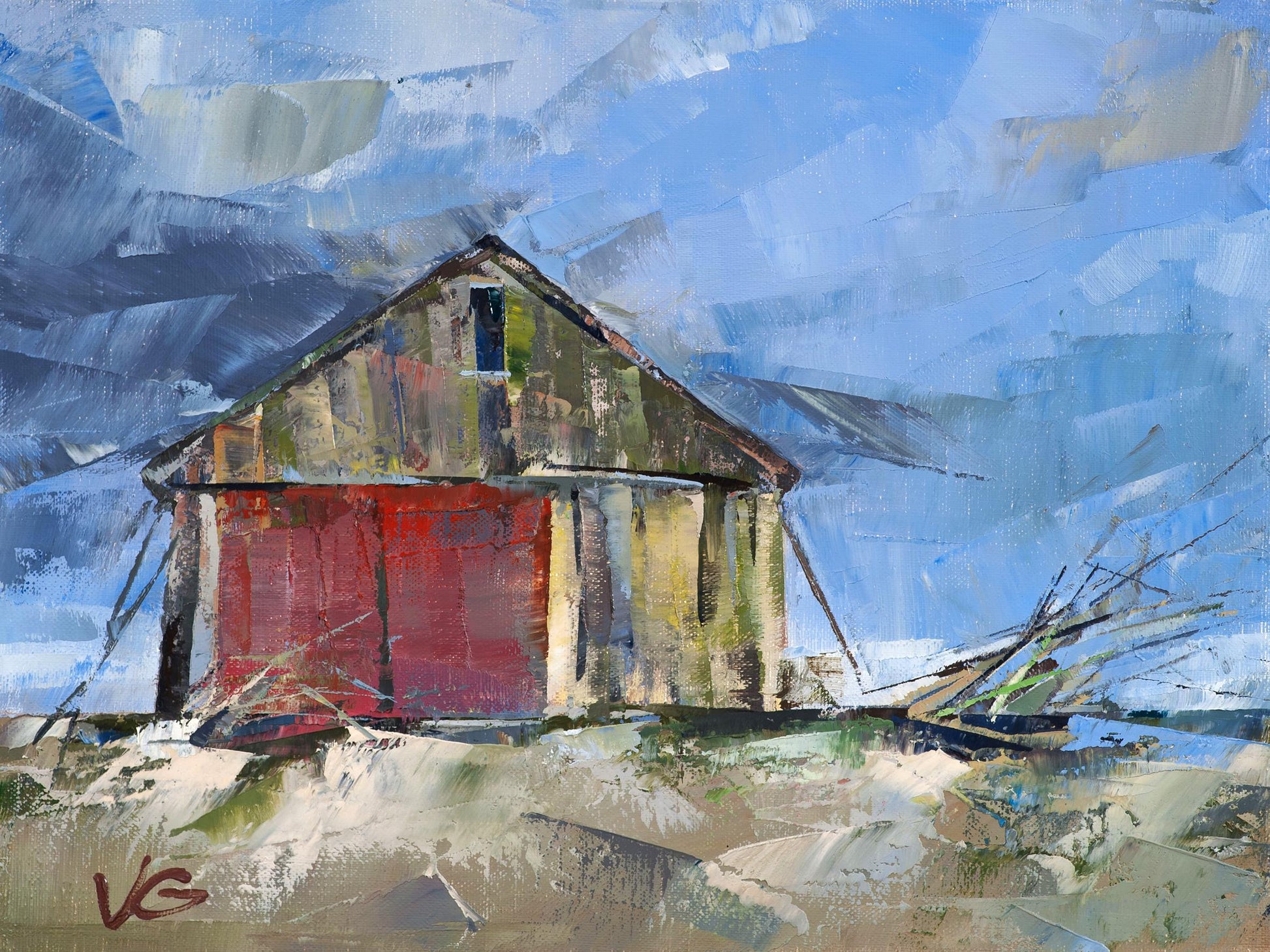 Oil painting Seasonal wind by Volodymyr Gluhomanyuk: weathered barn with red door