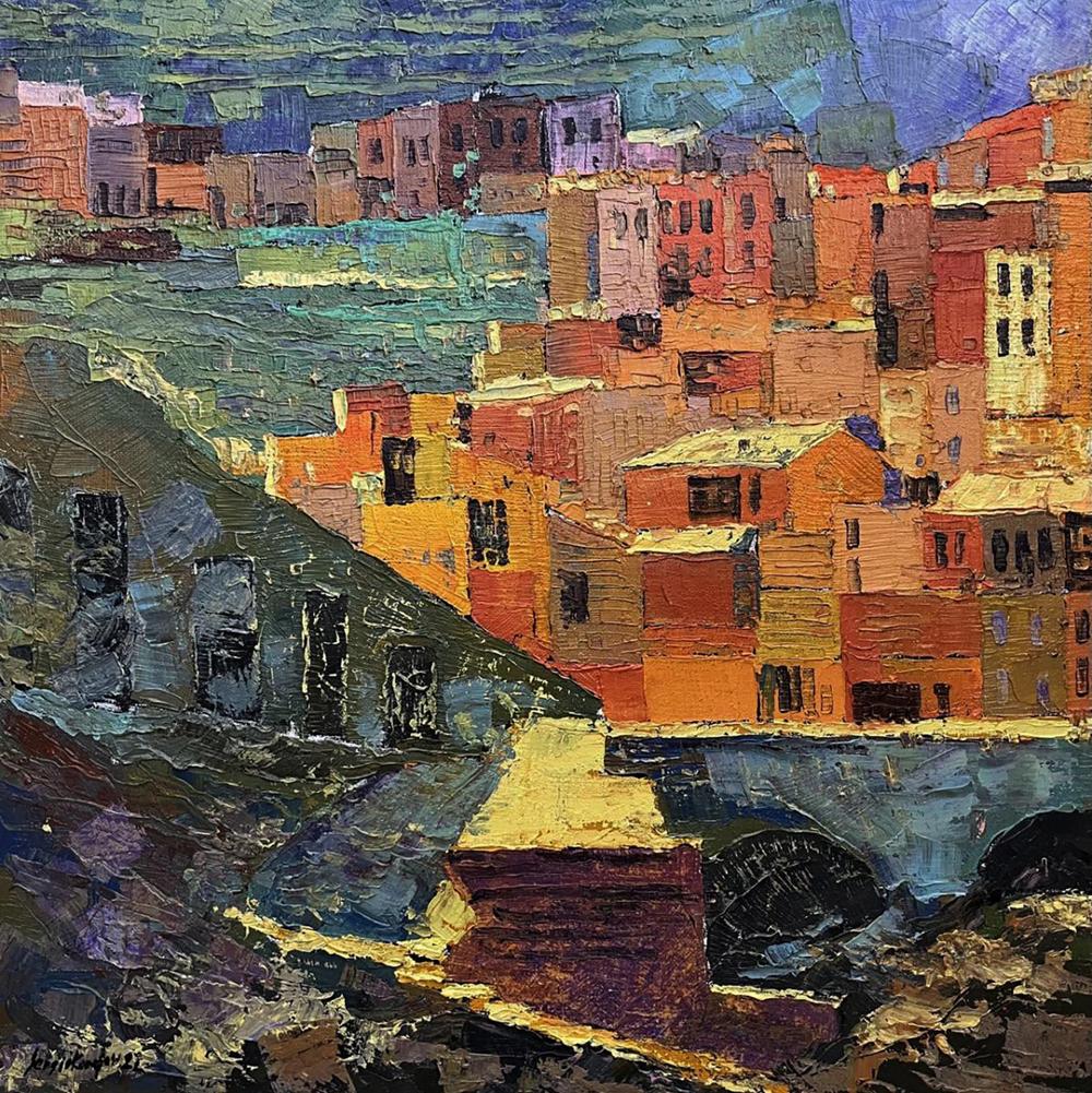Vibrant impressionist oil painting Outspread by Serhiy Kovalev, sunlit coastal town