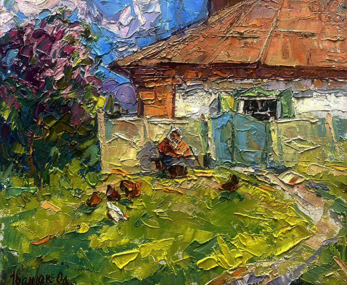 Oil painting Spring Awakening by Alex Kaleniuk: rustic cottage in lush greenery