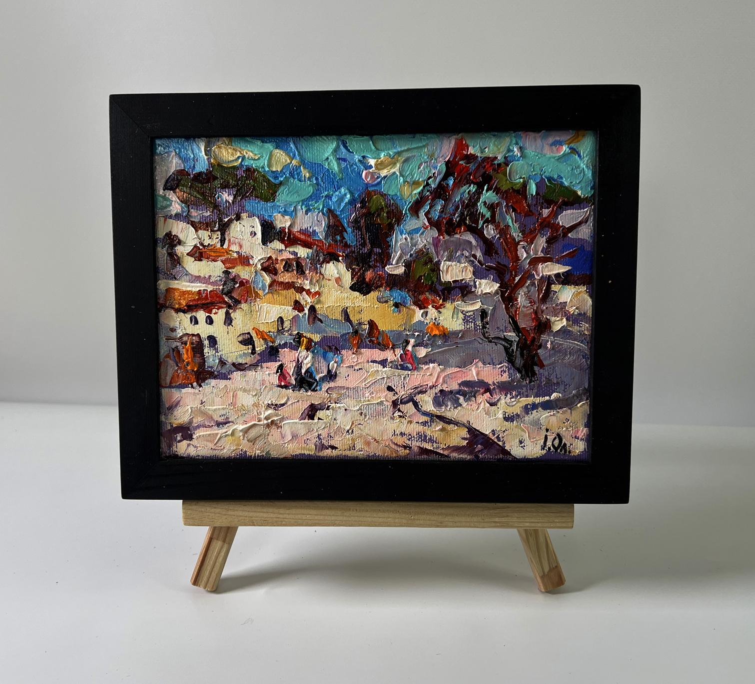 Oil painting Heat in the old town by Oleksiy Ivanyuk in black frame