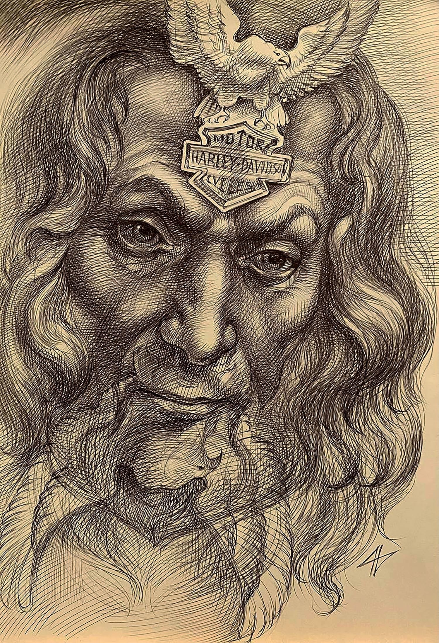 Detailed pencil sketch of Harley-Davidson eagle logo badge
