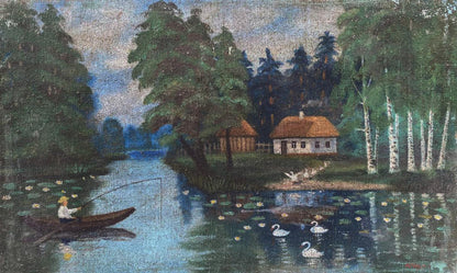 Serene oil painting of fisherman in village river with swans and cottages