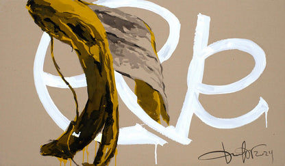 Acrylic painting Eve by Dima Filatov: bold white strokes on beige with gold brown drips