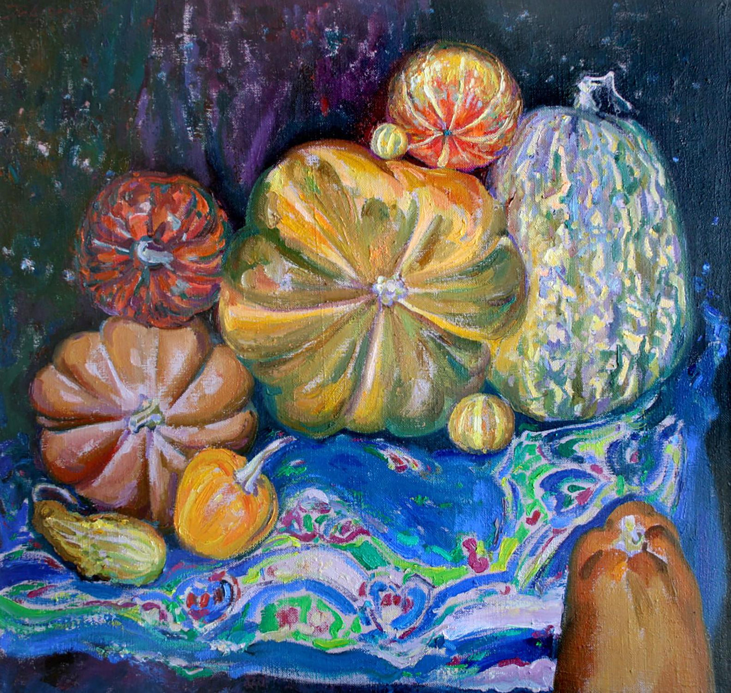 Vibrant oil painting of large and small pumpkins by Leonid Pavlenko