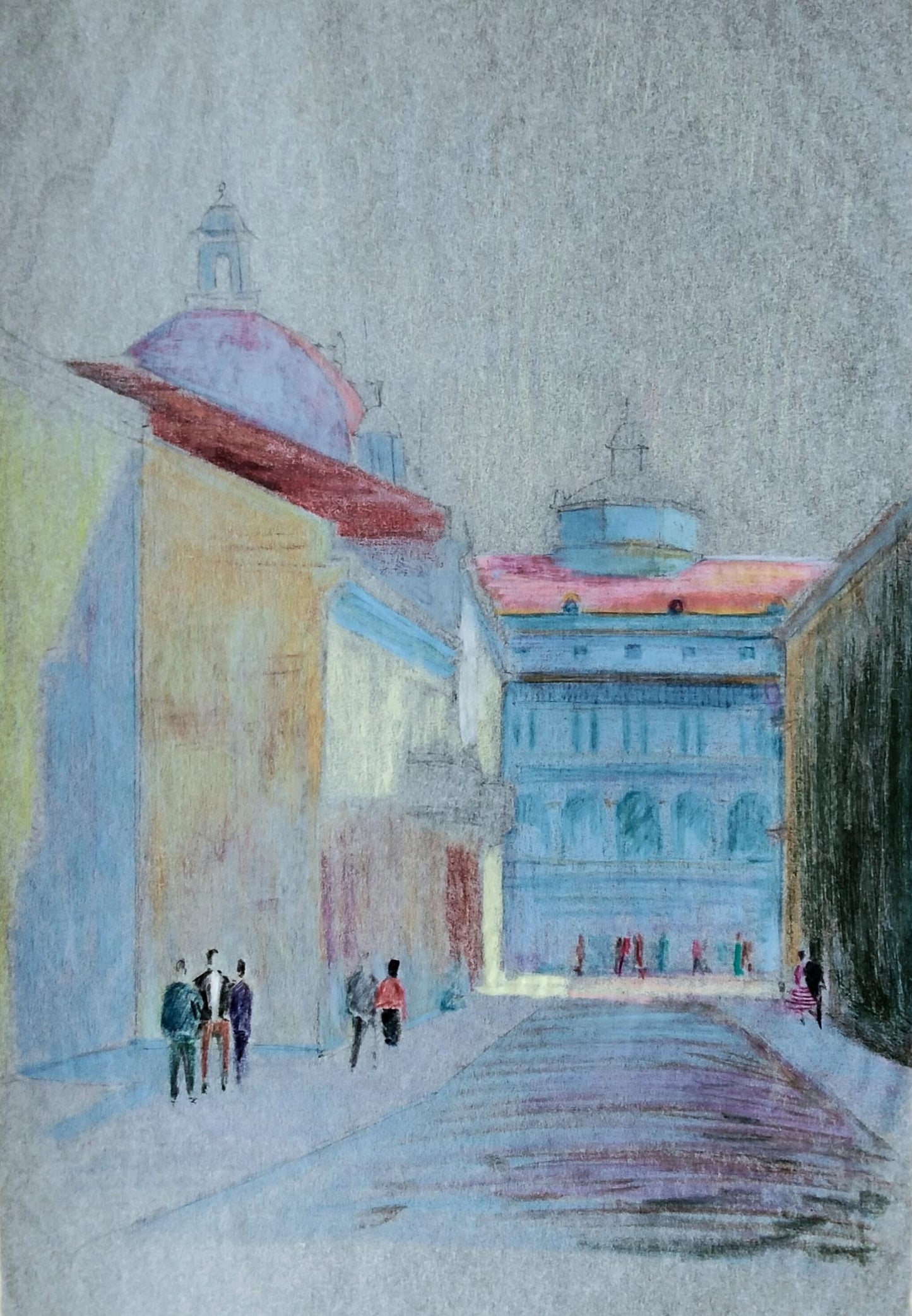 Pastel city bird’s eye view sketch by Vitaly Duhnevich, grand domed building