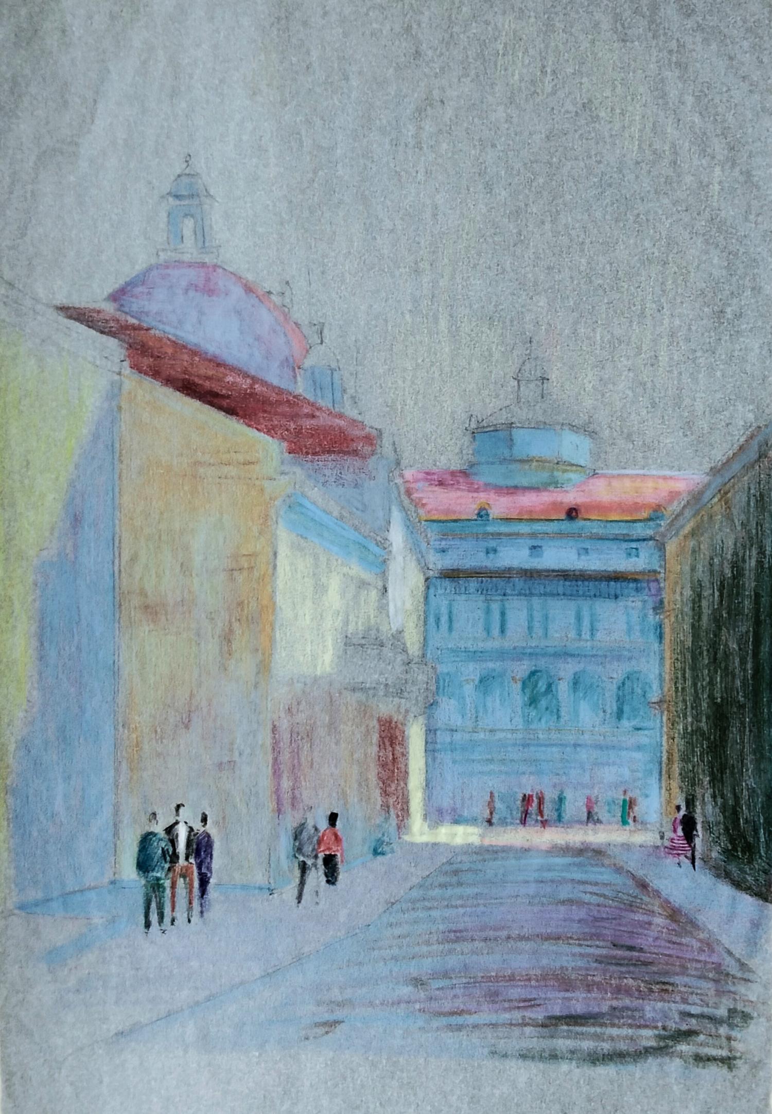 Pastel city bird’s eye view sketch by Vitaly Duhnevich, grand domed building