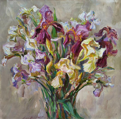 Oil painting of vibrant iris bouquet by Leonid Pavlenko